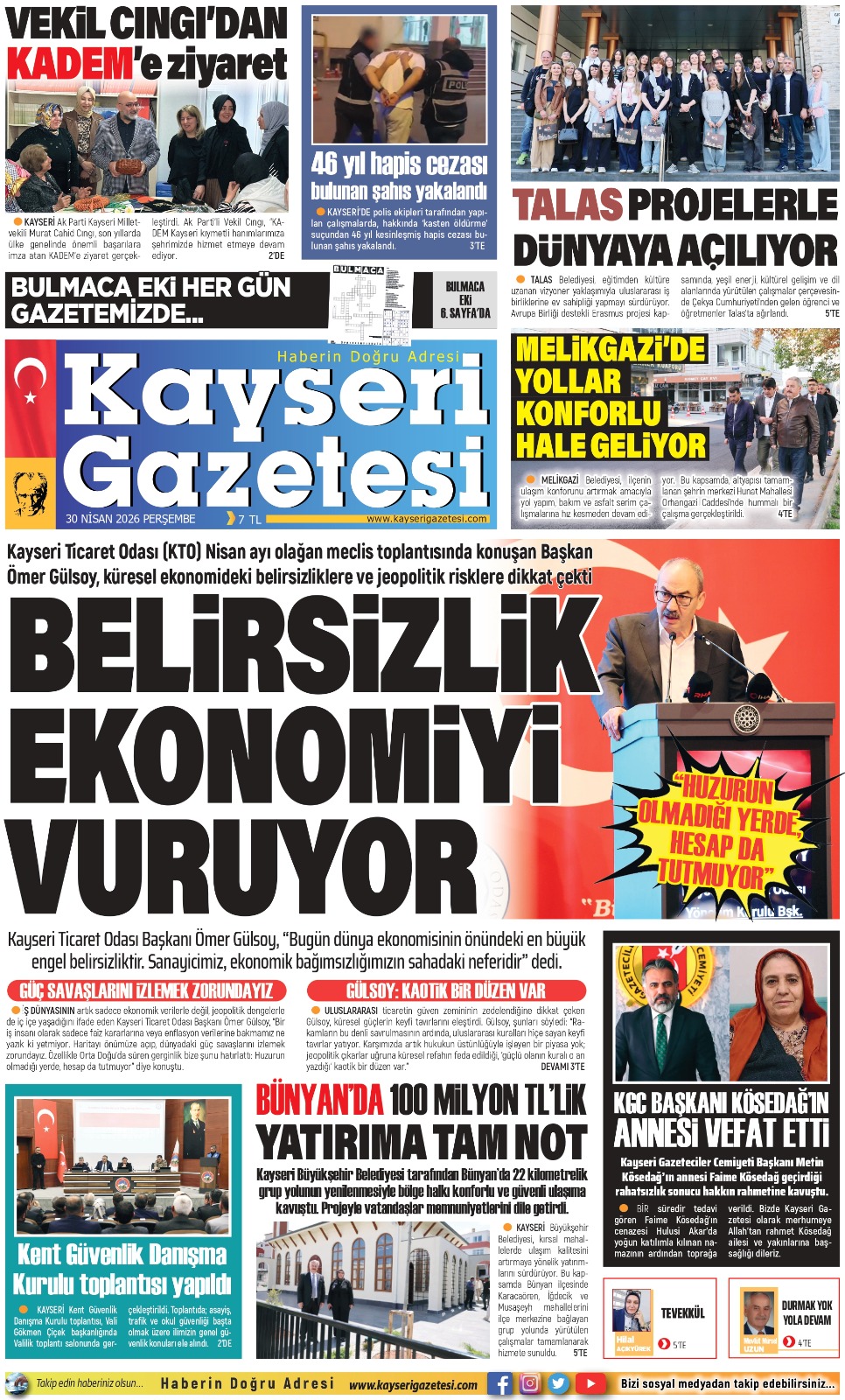 KAYSERİ GAZETESİ 30 NİSAN 2026 SAYFALARI