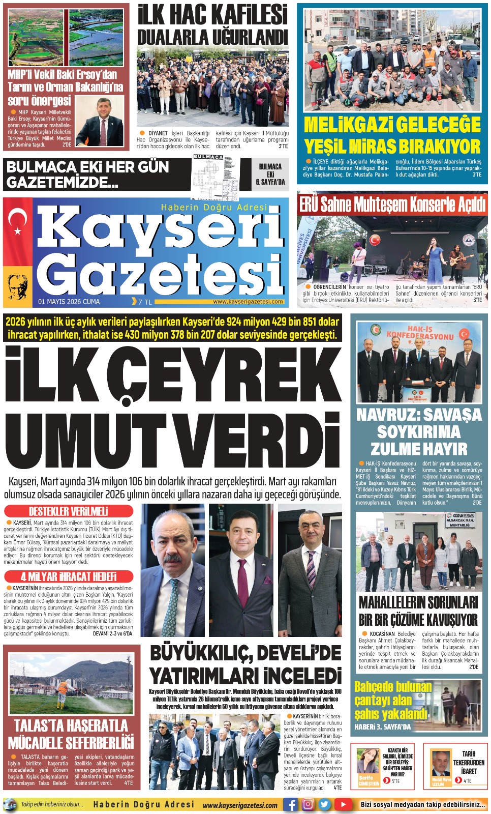 KAYSERİ GAZETESİ 01 MAYIS 2026 SAYFALARI