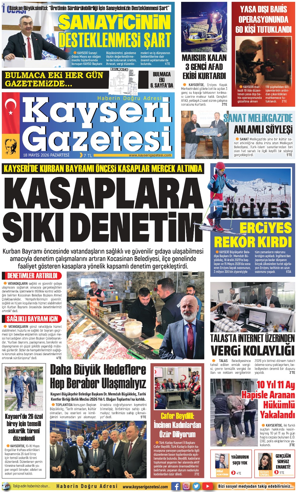 KAYSERİ GAZETESİ 18 MAYIS 2026 SAYFALARI