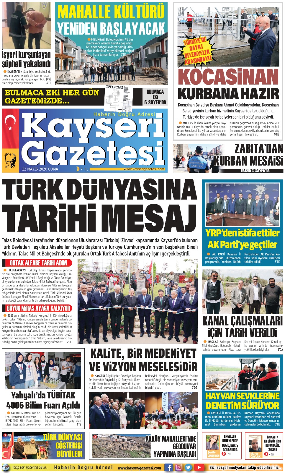 KAYSERİ GAZETESİ 22 MAYIS 2026 SAYFALARI
