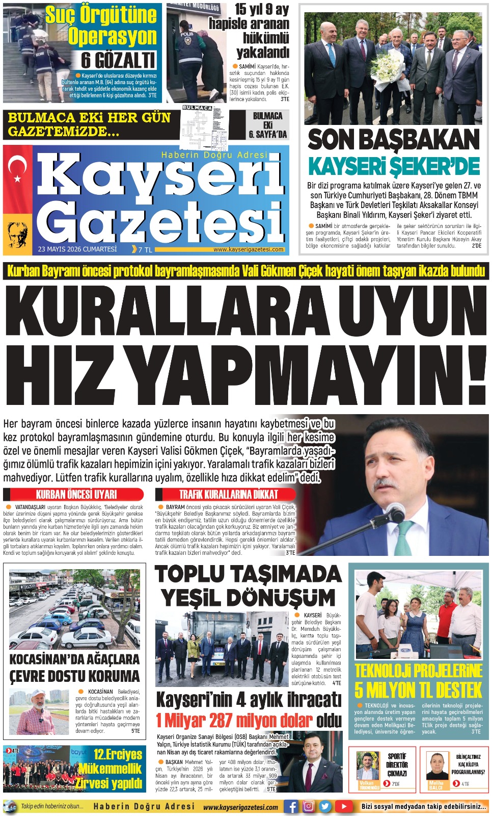 KAYSERİ GAZETESİ 23 MAYIS 2026 SAYFALARI