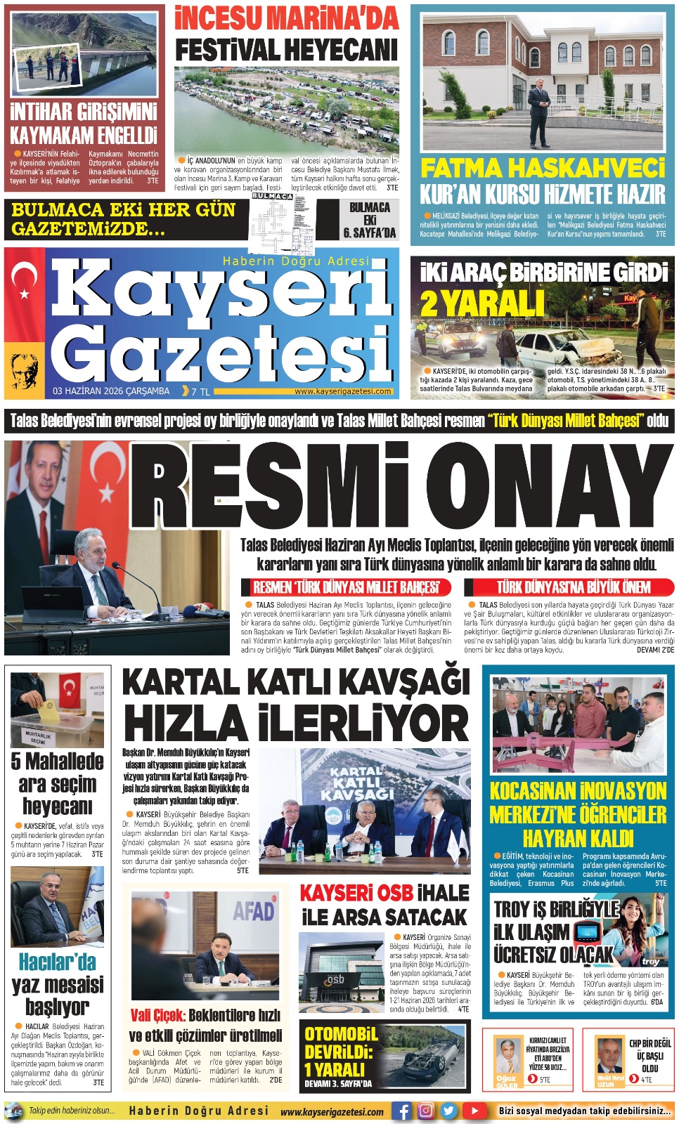 KAYSERİ GAZETESİ 03 HAZİRAN 2026 SAYFALARI