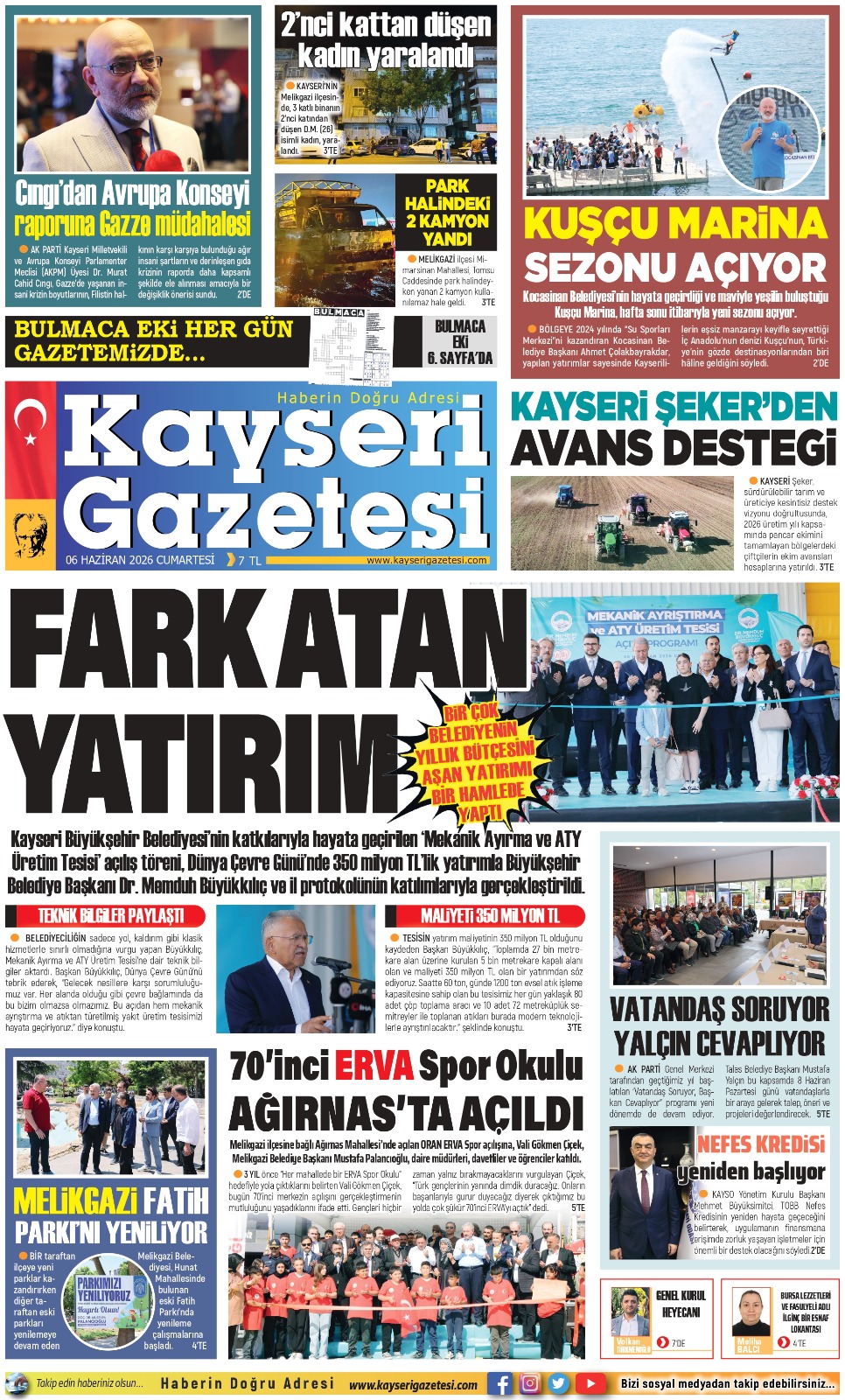KAYSERİ GAZETESİ 06 HAZİRAN 2026 SAYFALARI