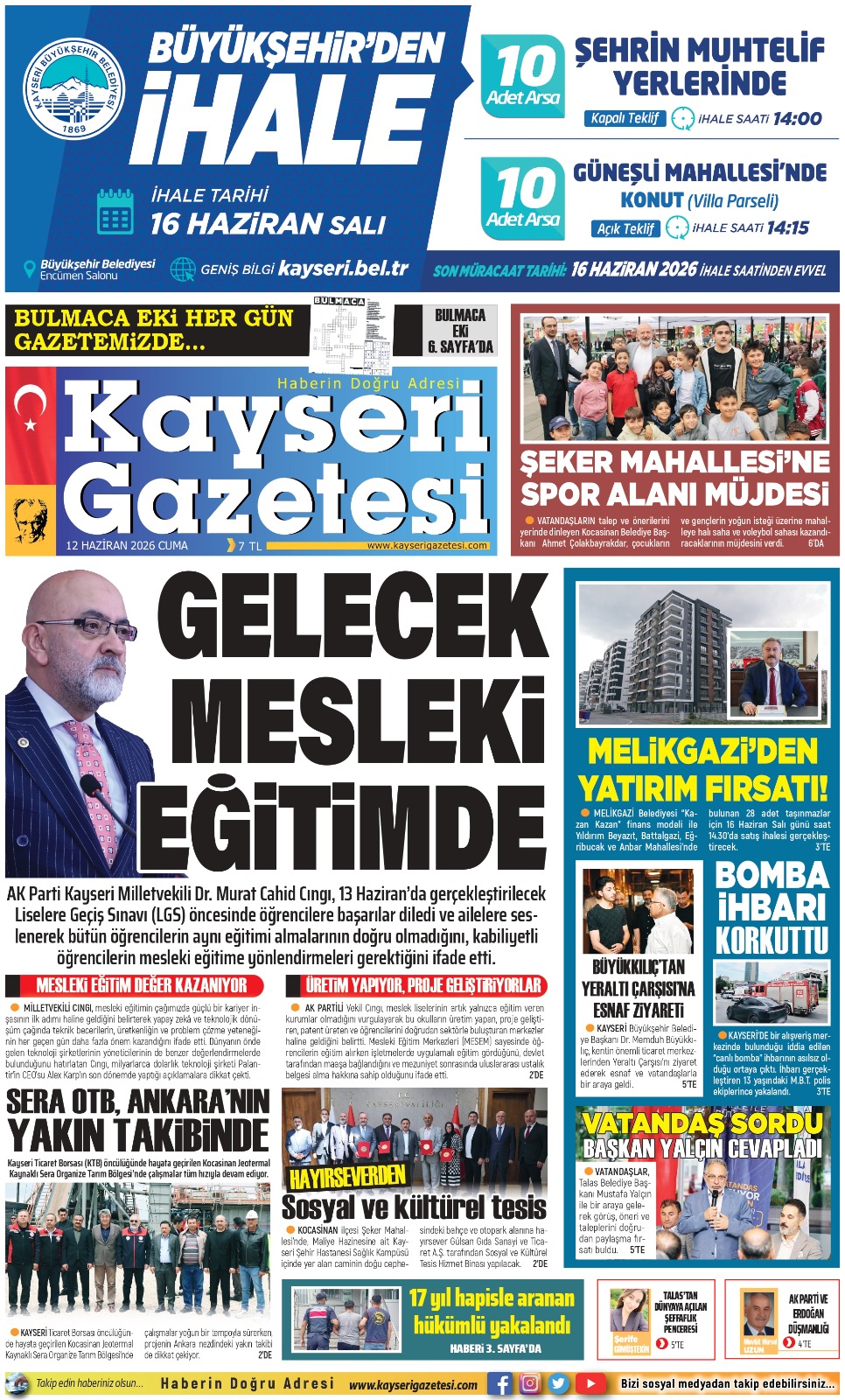 KAYSERİ GAZETESİ 12 HAZİRAN 2026 SAYFALARI