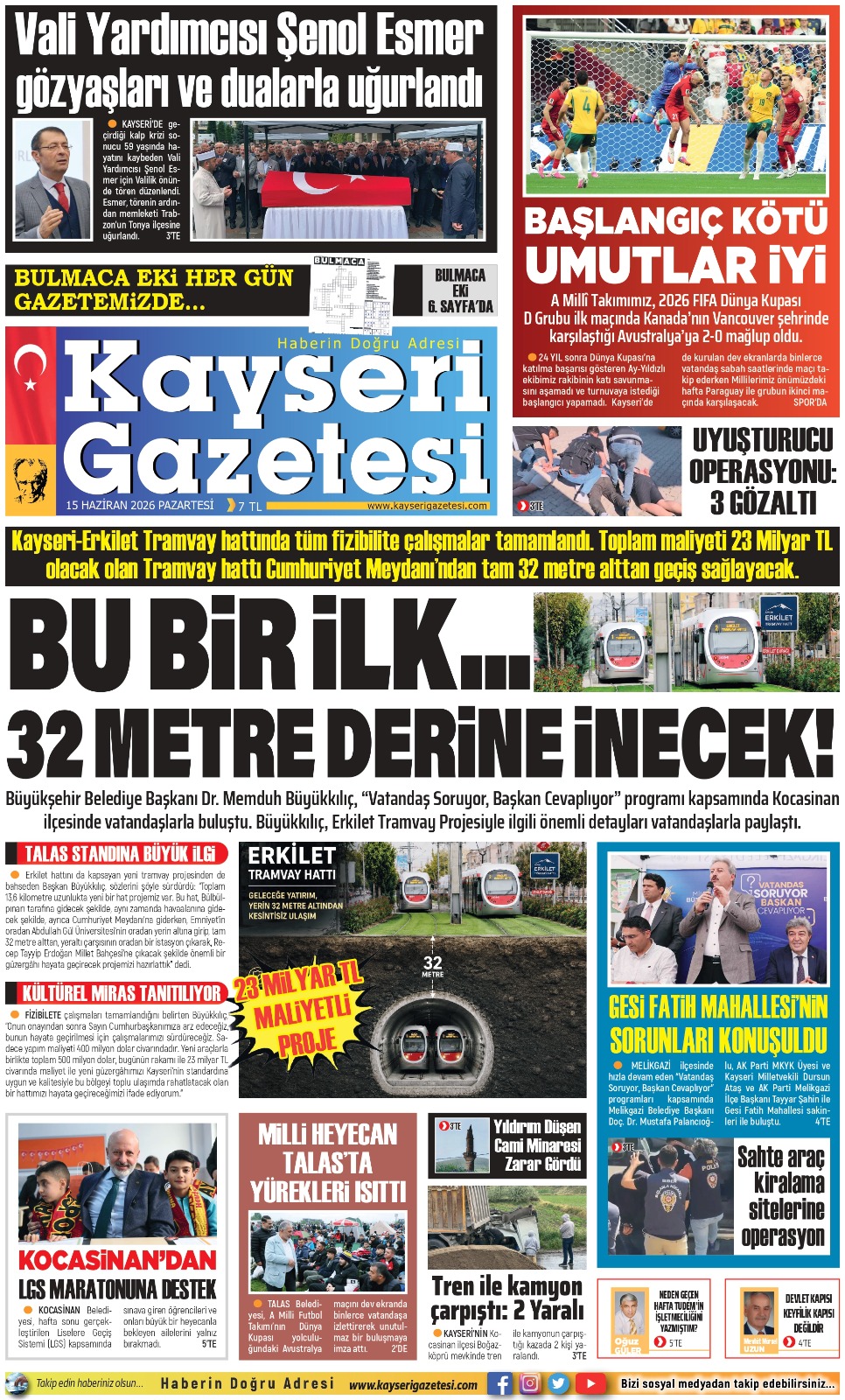 KAYSERİ GAZETESİ 15 HAZİRAN 2026 SAYFALARI