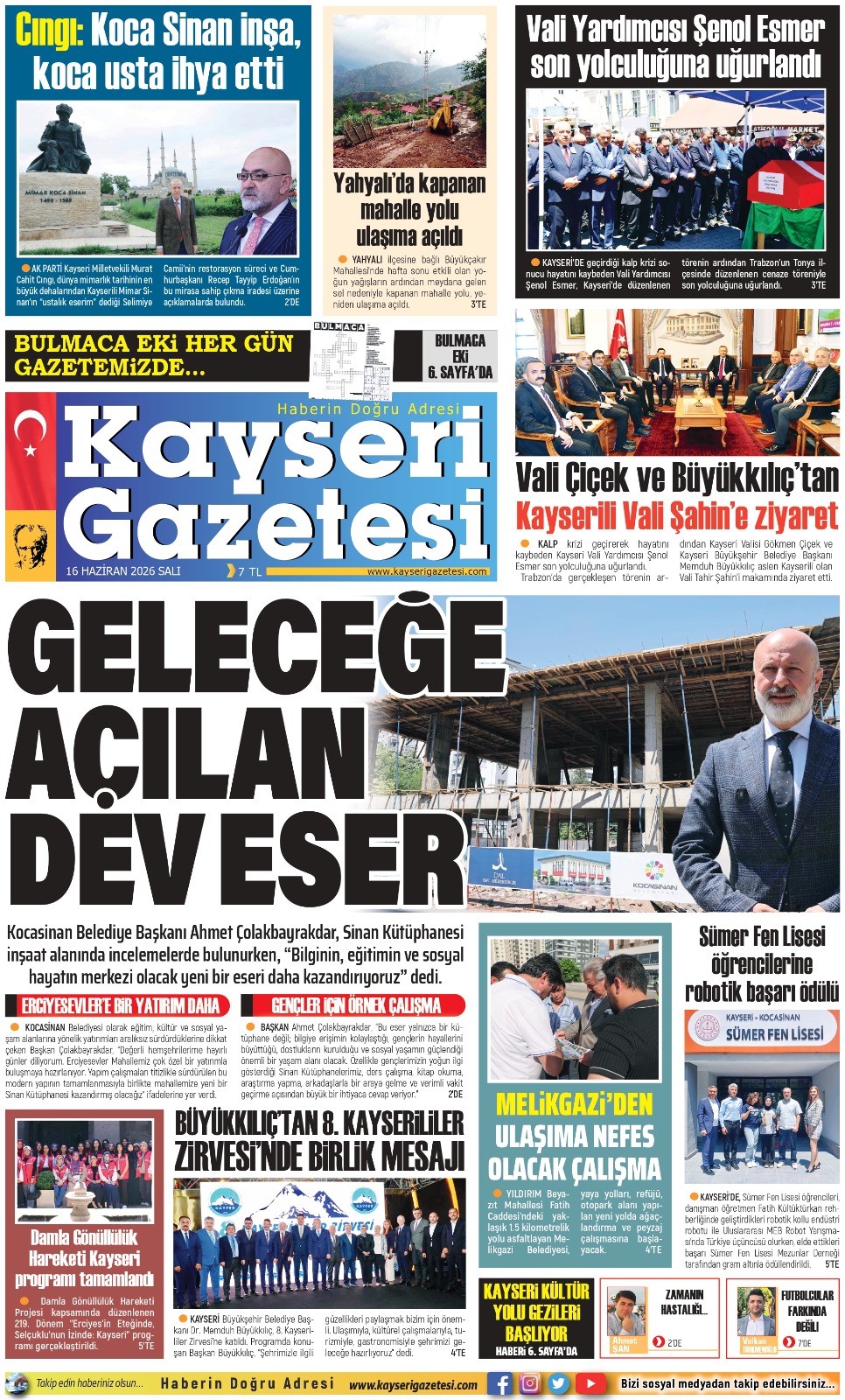 KAYSERİ GAZETESİ 16 HAZİRAN 2026 SAYFALARI