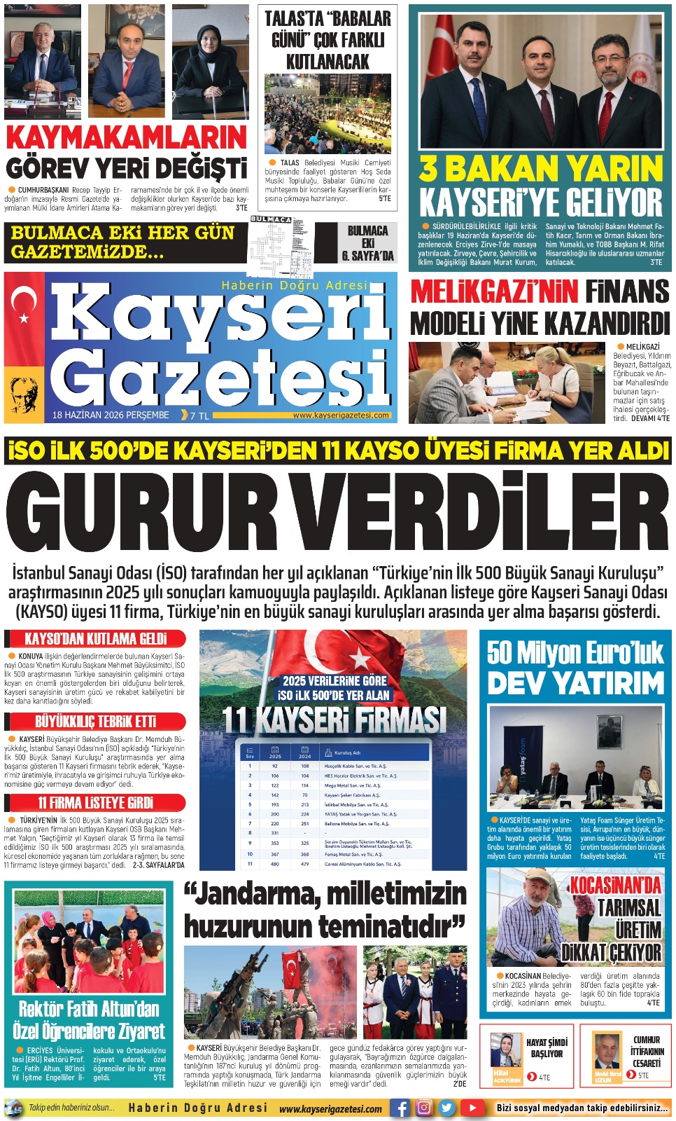 KAYSERİ GAZETESİ 18 HAZİRAN 2026 SAYFALARI