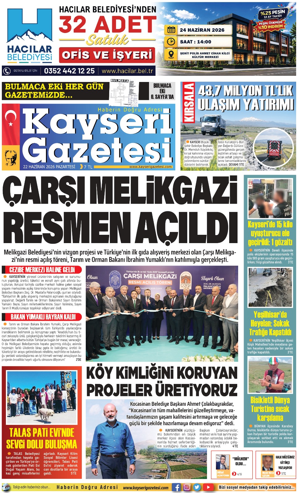 KAYSERİ GAZETESİ 22 HAZİRAN 2026 SAYFALARI