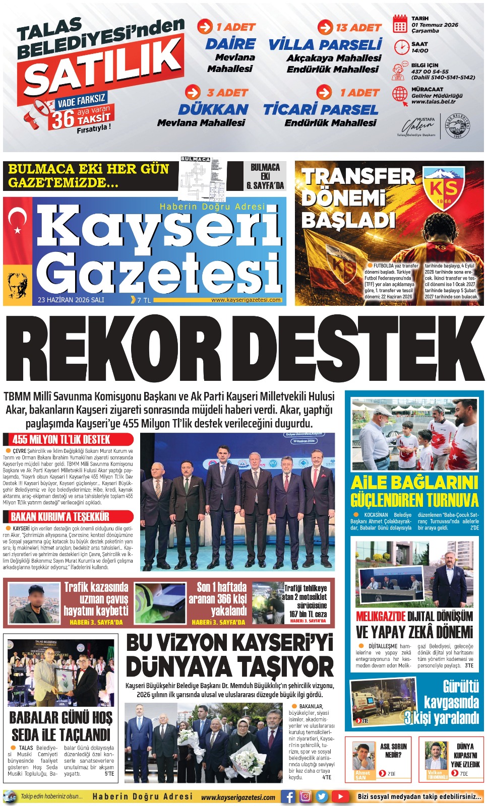 KAYSERİ GAZETESİ 23 HAZİRAN 2026 SAYFALARI