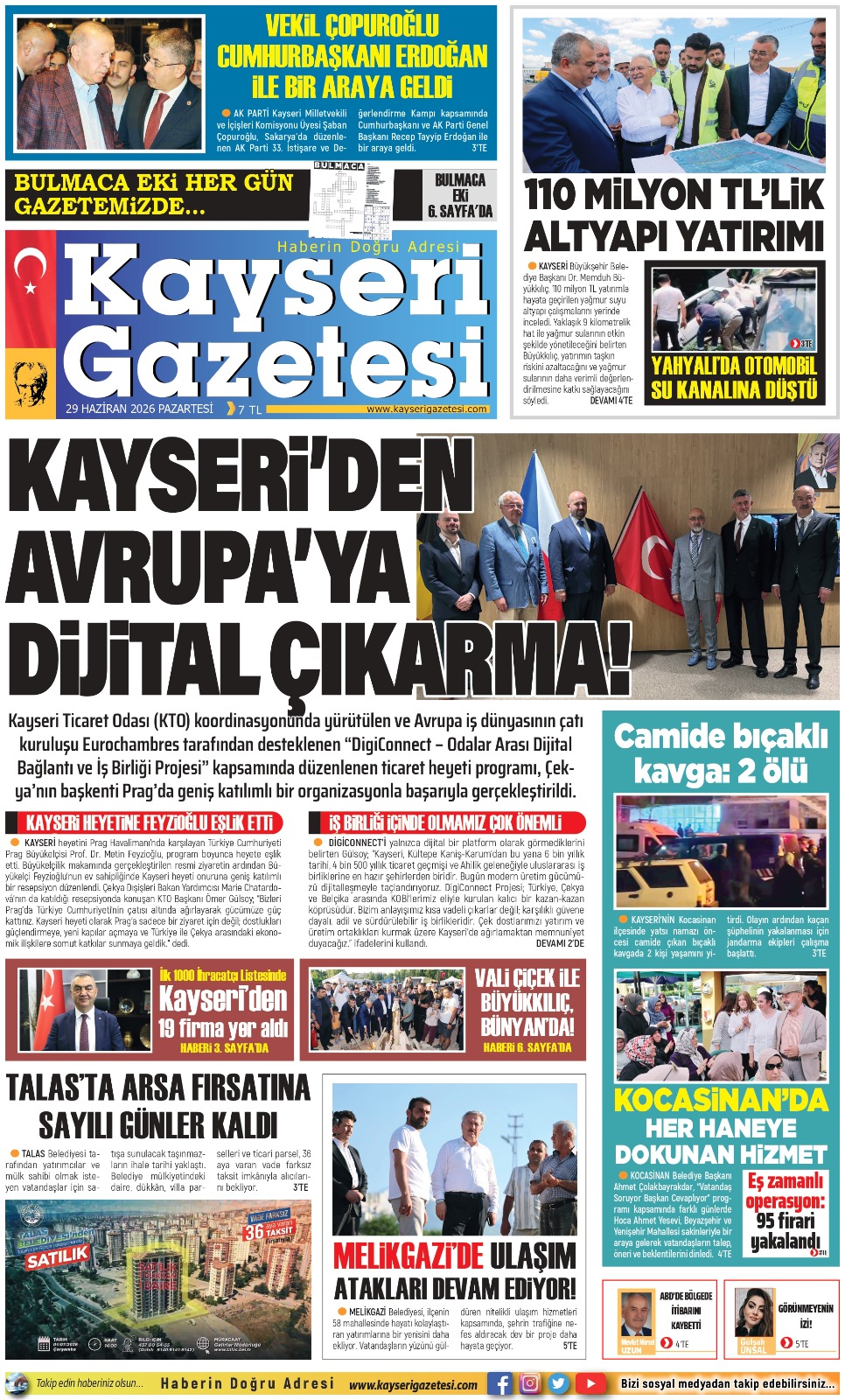 KAYSERİ GAZETESİ 29 HAZİRAN 2026 SAYFALARI
