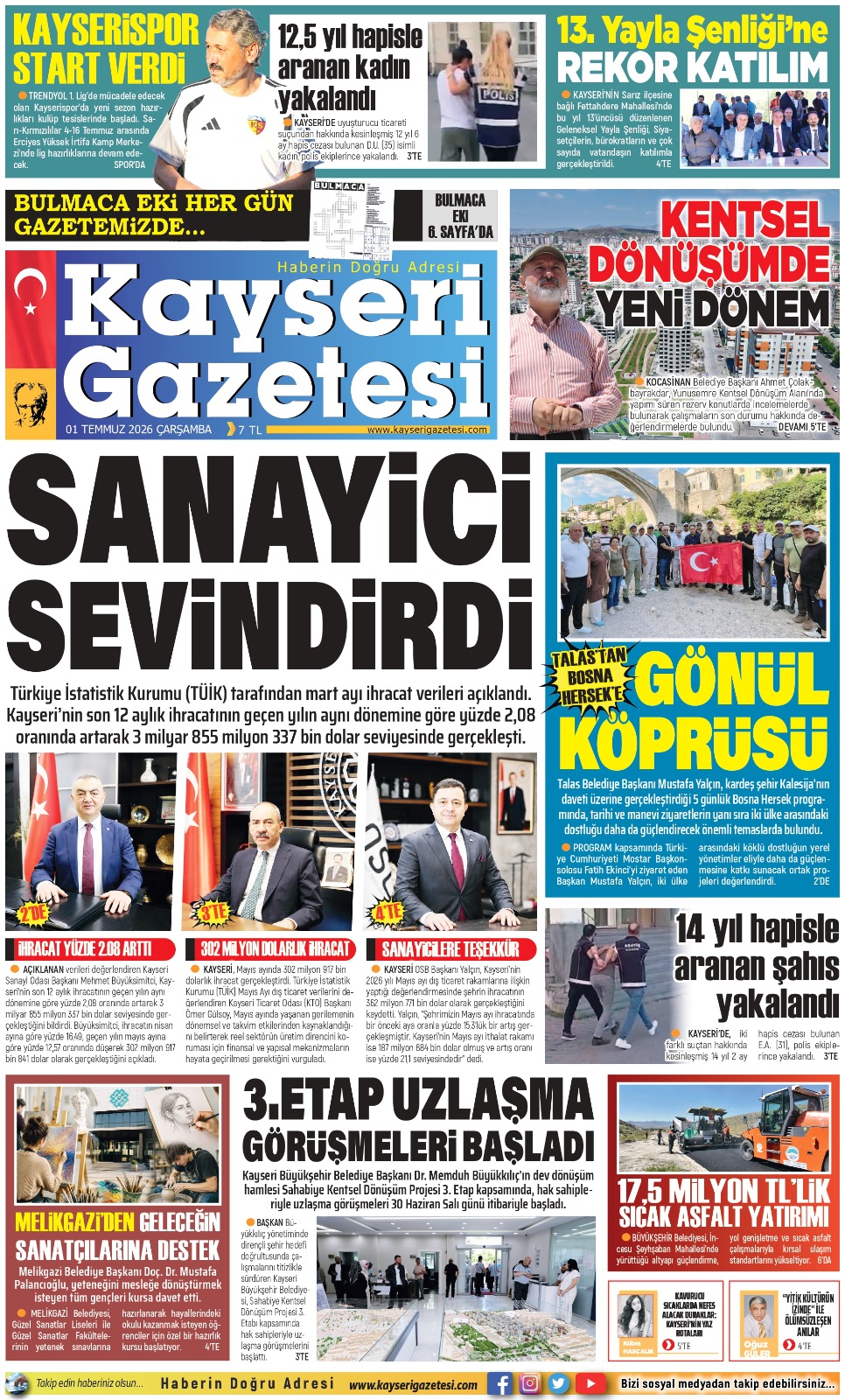 KAYSERİ GAZETESİ 01 TEMMUZ 2026 SAYFALARI
