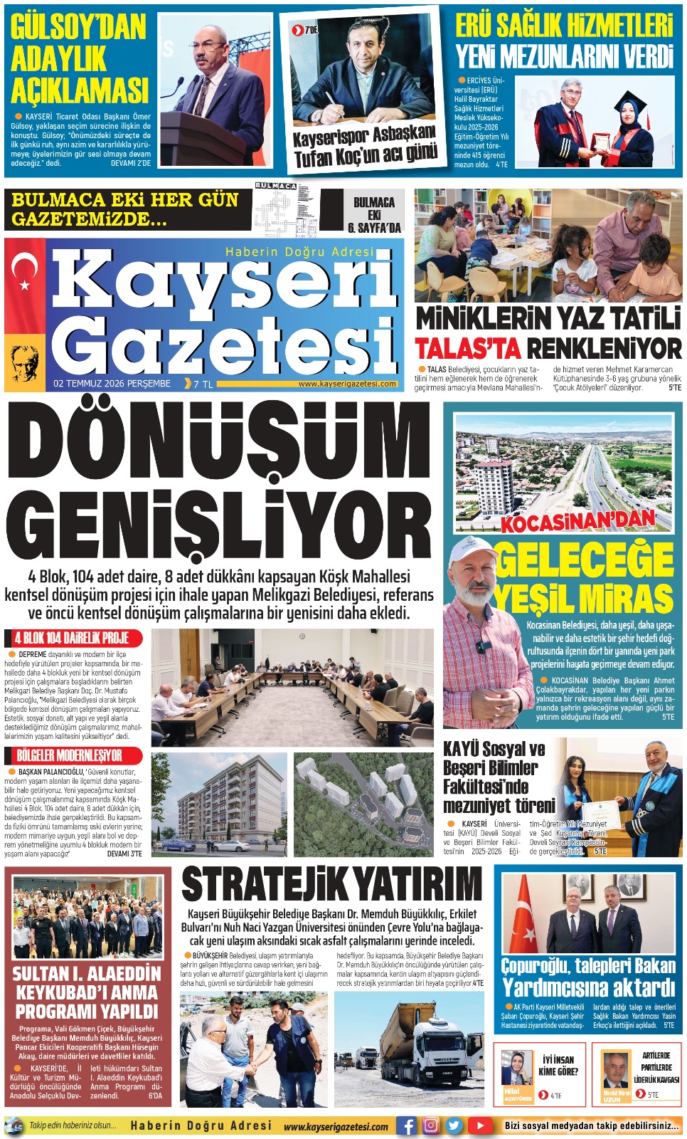 KAYSERİ GAZETESİ 02 TEMMUZ 2026 SAYFALARI