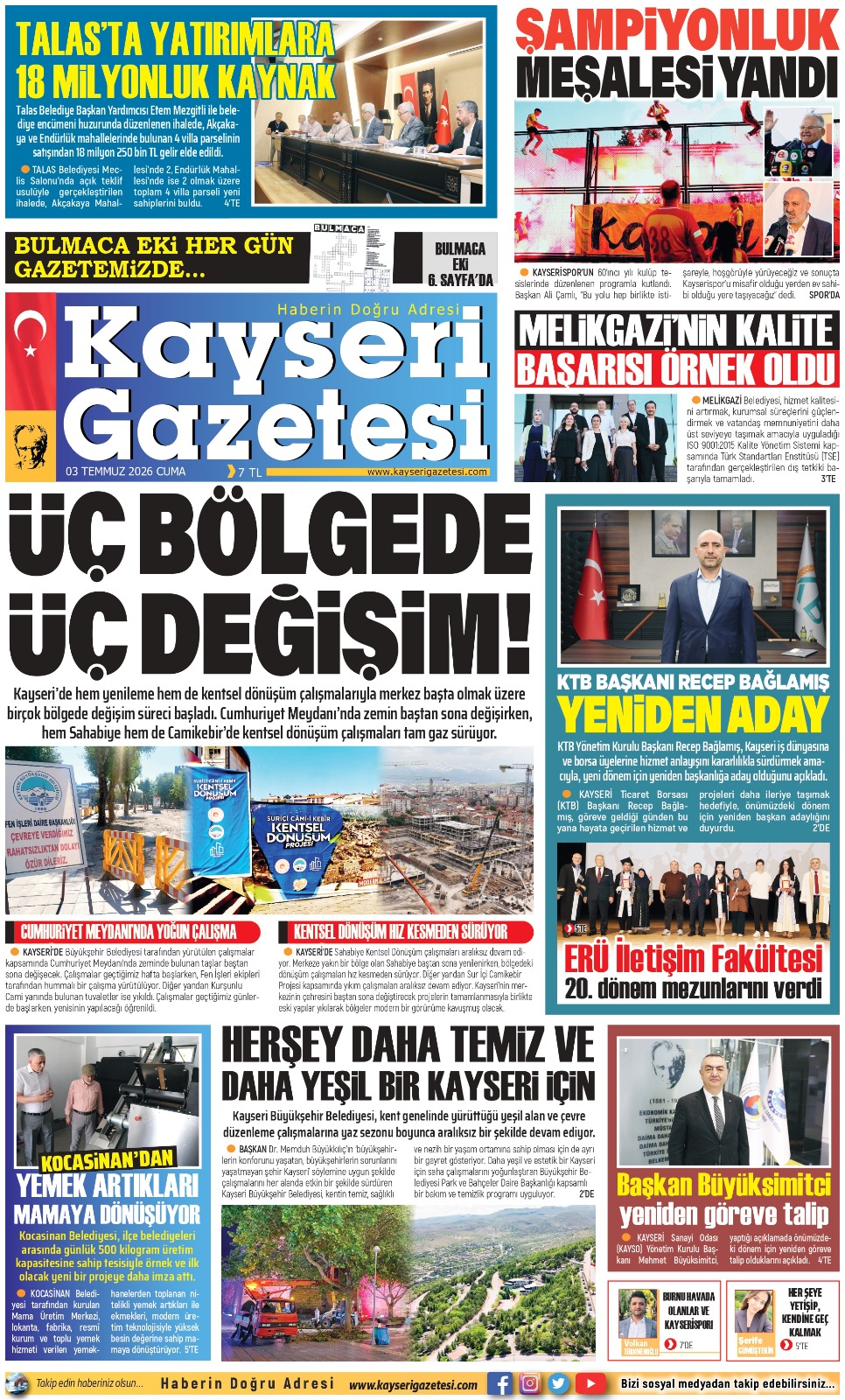 KAYSERİ GAZETESİ 03 TEMMUZ 2026 SAYFALARI