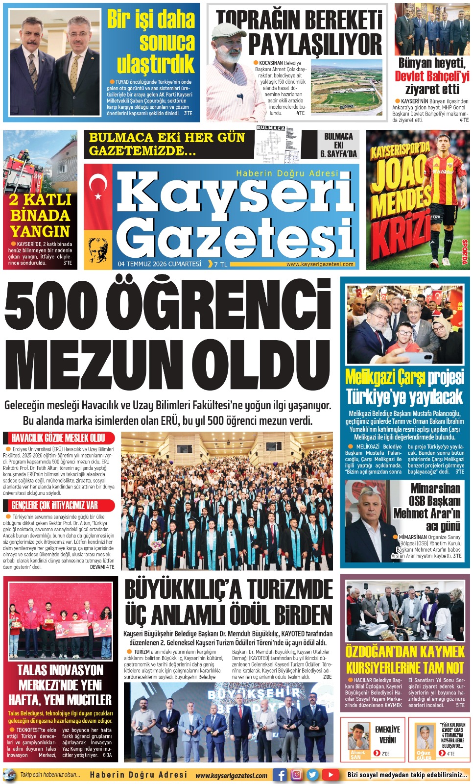 KAYSERİ GAZETESİ 04 TEMMUZ 2026 SAYFALARI