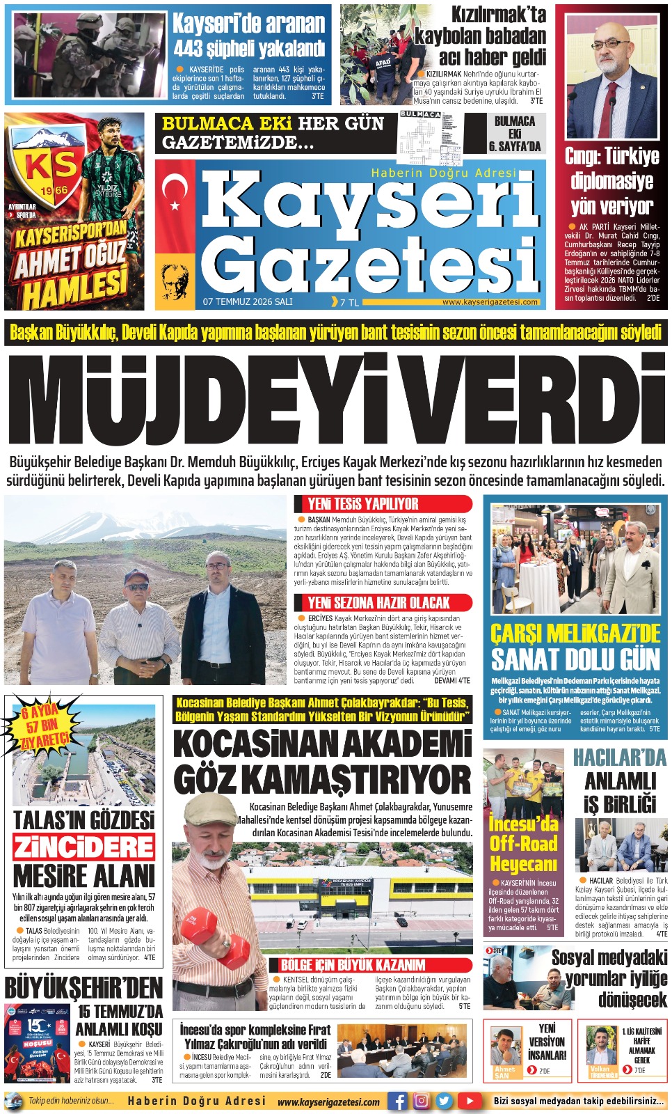 KAYSERİ GAZETESİ 07 TEMMUZ 2026 SAYFALARI