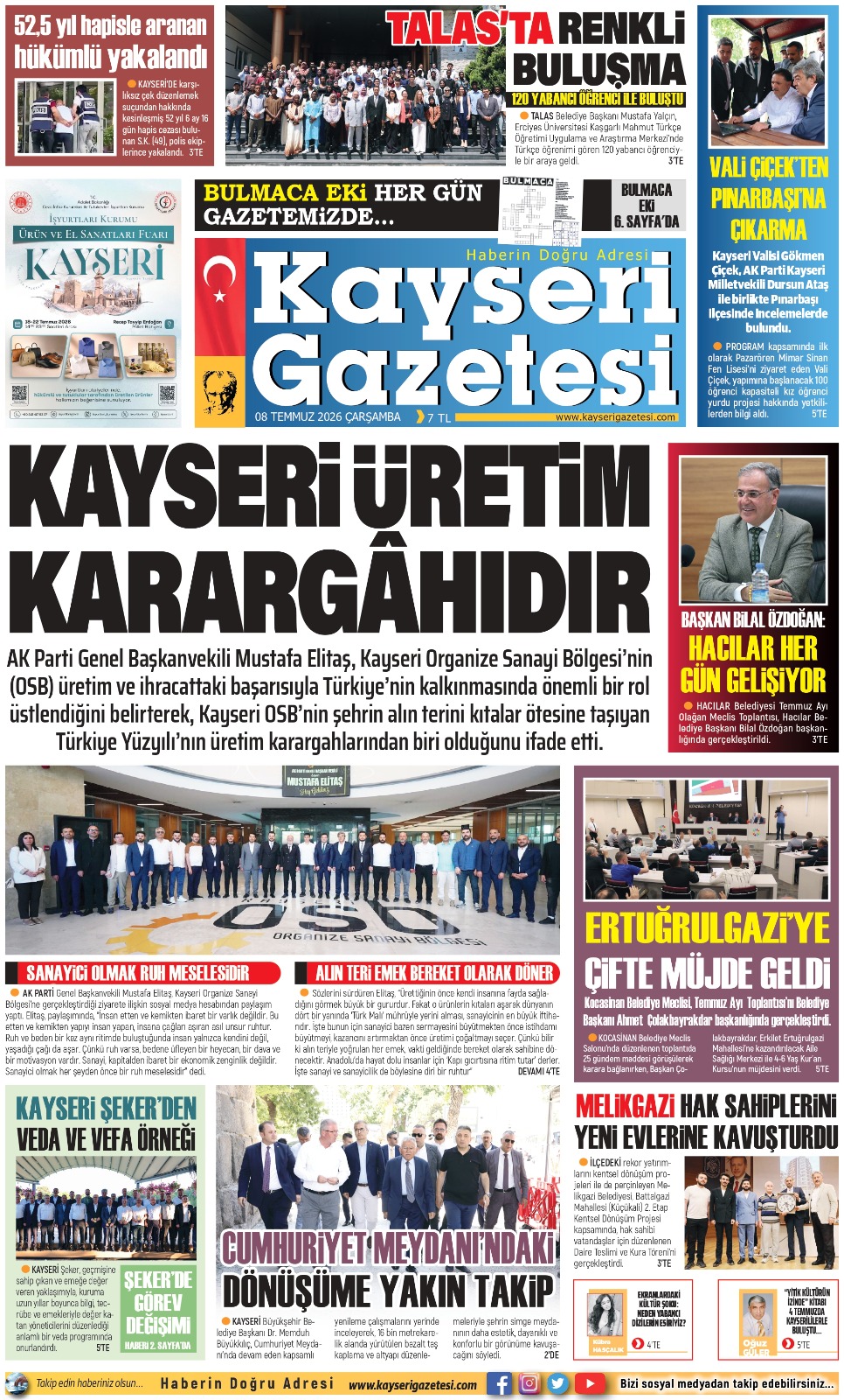 KAYSERİ GAZETESİ 08 TEMMUZ 2026 SAYFALARI