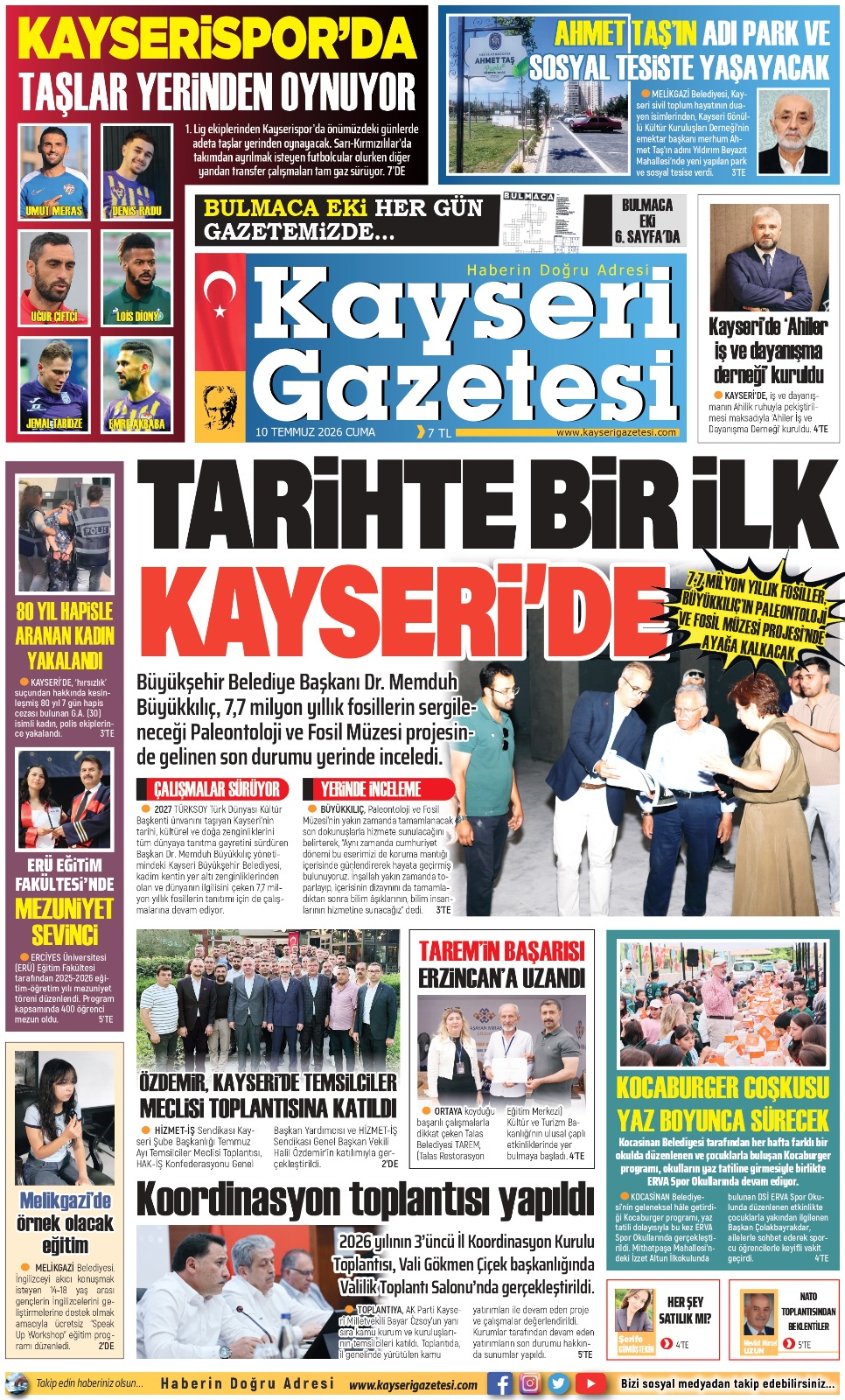 KAYSERİ GAZETESİ 10 TEMMUZ 2026 SAYFALARI