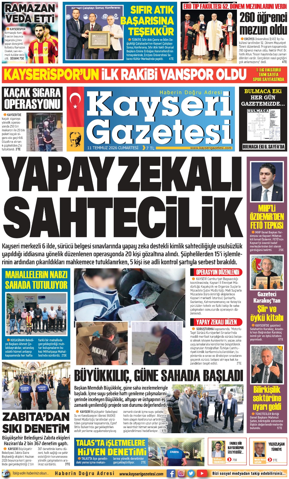 KAYSERİ GAZETESİ 11 TEMMUZ 2026 SAYFALARI