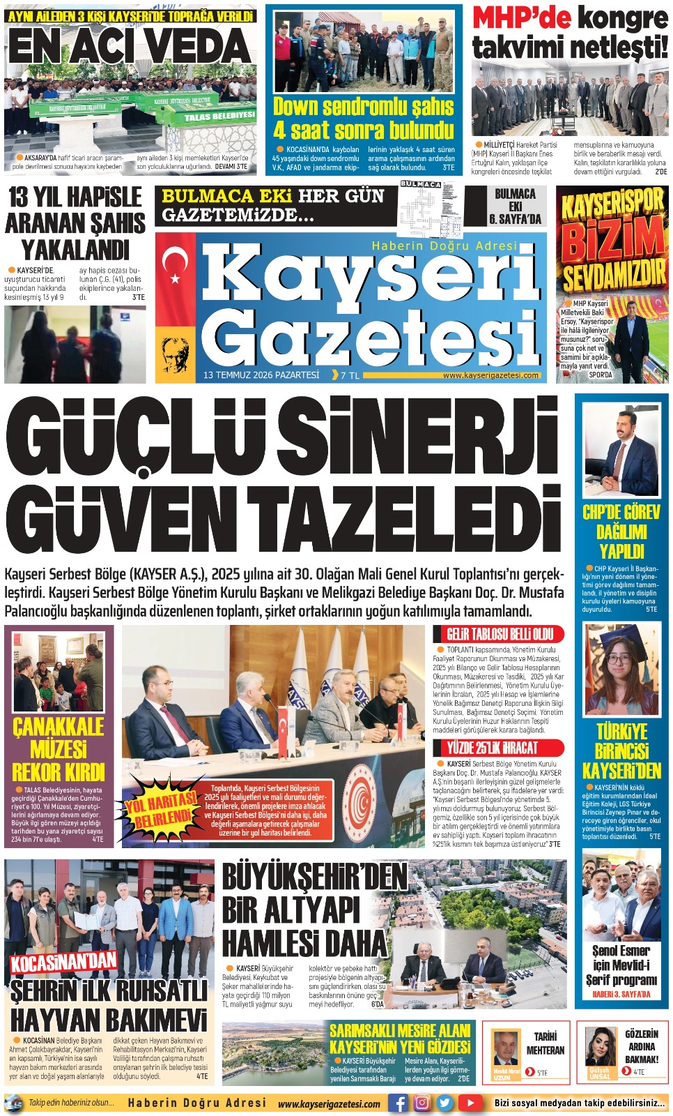 KAYSERİ GAZETESİ 13 TEMMUZ 2026 SAYFALARI