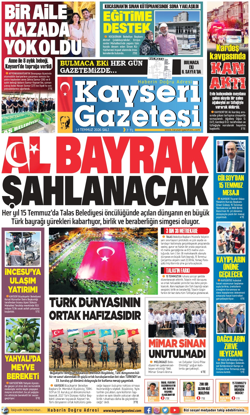 KAYSERİ GAZETESİ 14 TEMMUZ 2026 SAYFALARI