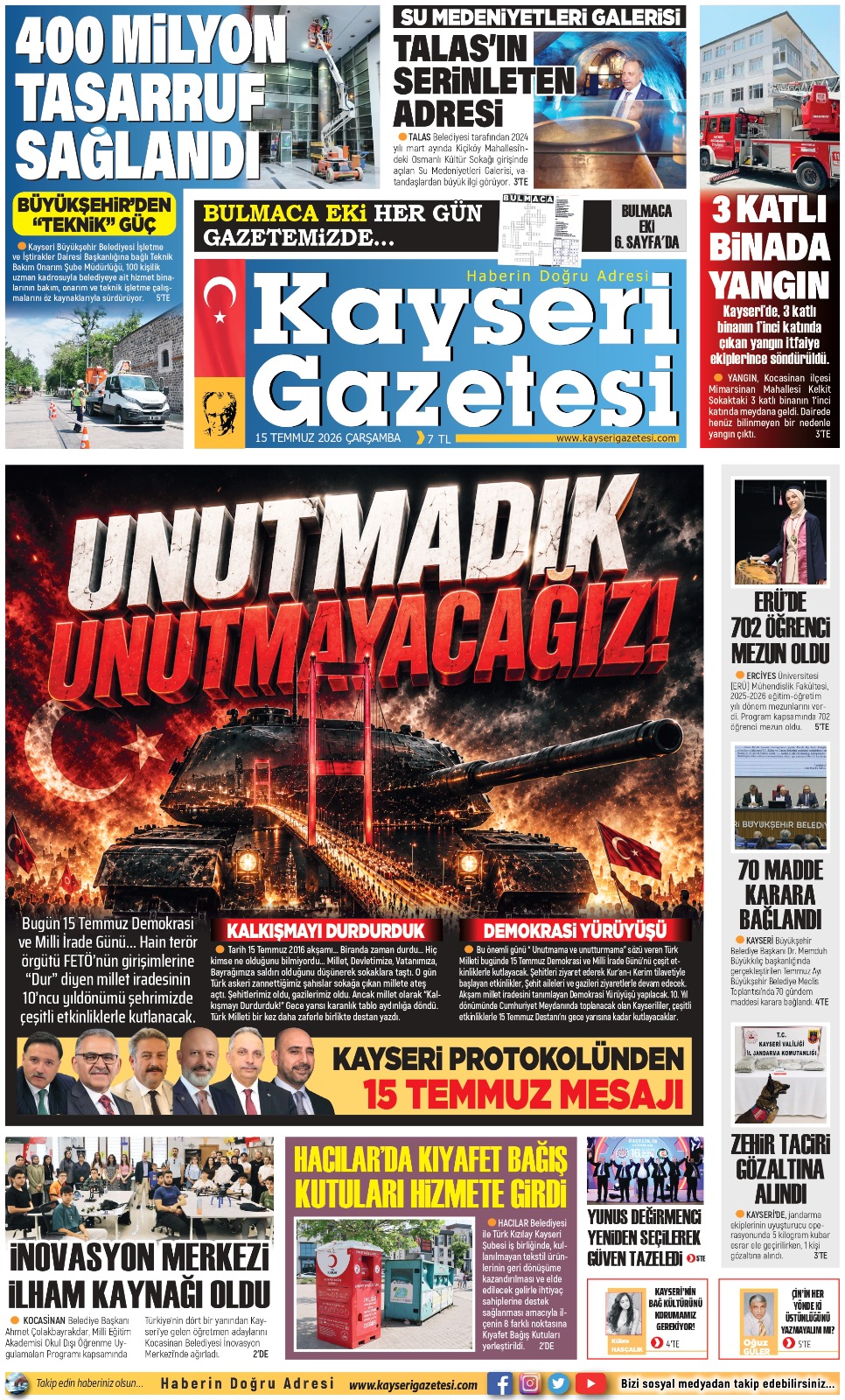 KAYSERİ GAZETESİ 15 TEMMUZ 2026 SAYFALARI