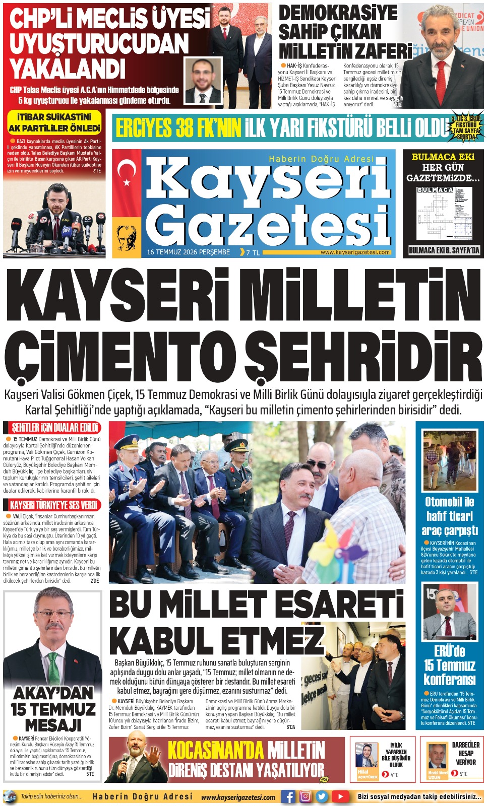 KAYSERİ GAZETESİ 16 TEMMUZ 2026 SAYFALARI