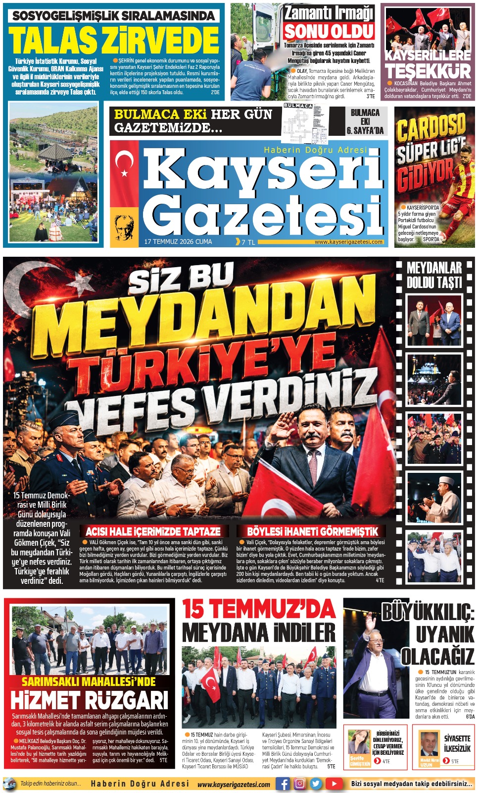 KAYSERİ GAZETESİ 17 TEMMUZ 2026 SAYFALARI