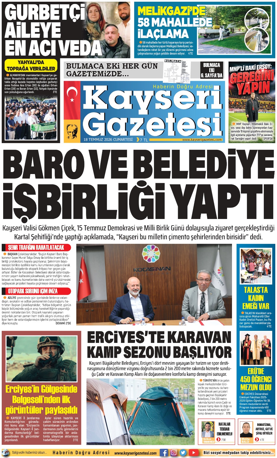 KAYSERİ GAZETESİ 18 TEMMUZ 2026 SAYFALARI