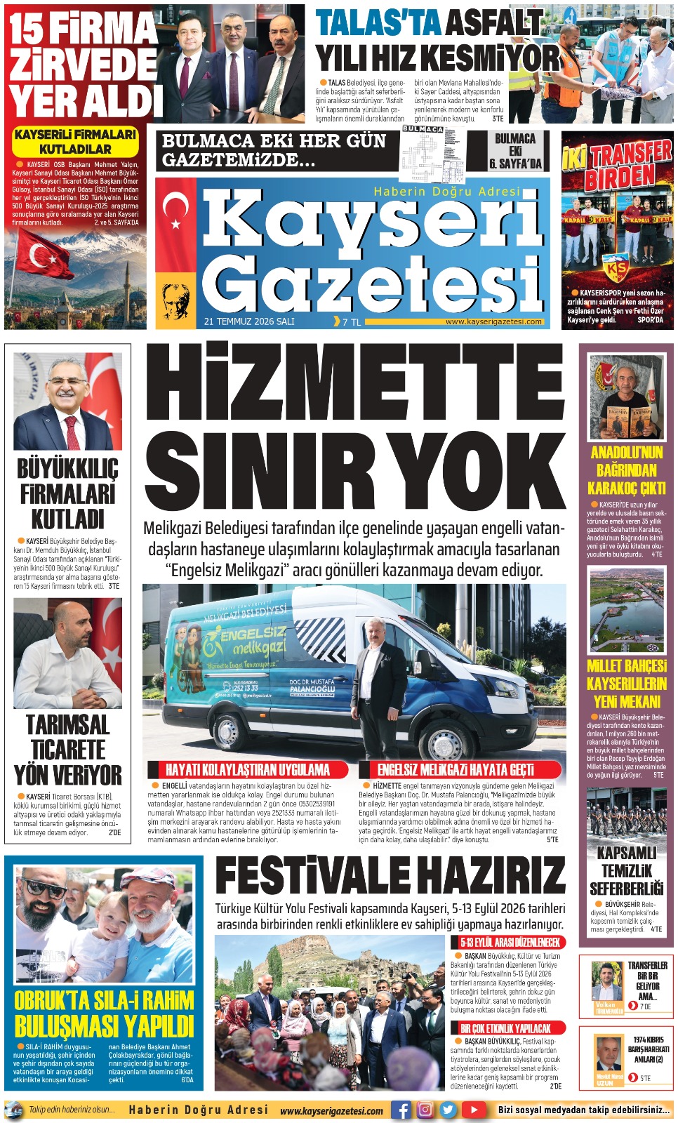 KAYSERİ GAZETESİ 21 TEMMUZ 2026 SAYFALARI