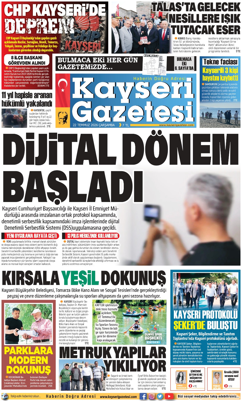 KAYSERİ GAZETESİ 22 TEMMUZ 2026 SAYFALARI