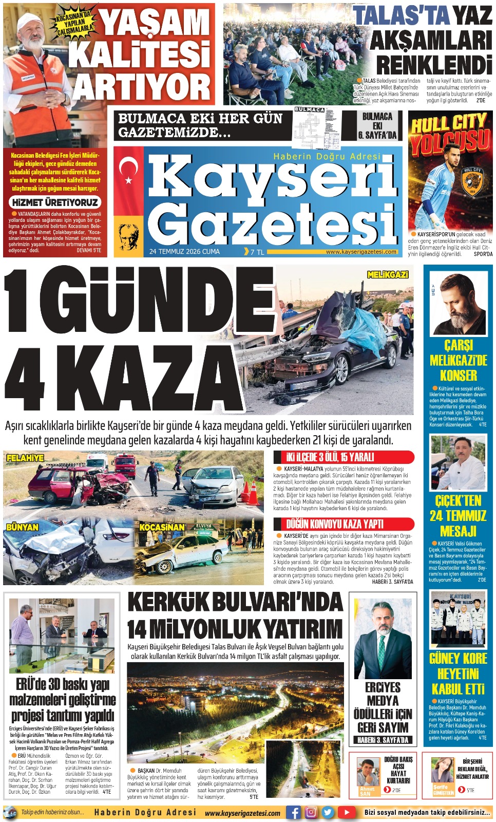 KAYSERİ GAZETESİ 24 TEMMUZ 2026 SAYFALARI