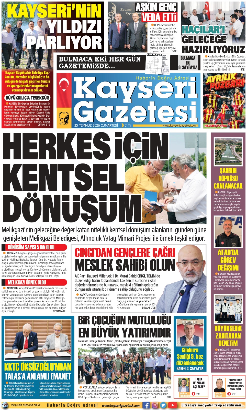 KAYSERİ GAZETESİ 25 TEMMUZ 2026 SAYFALARI