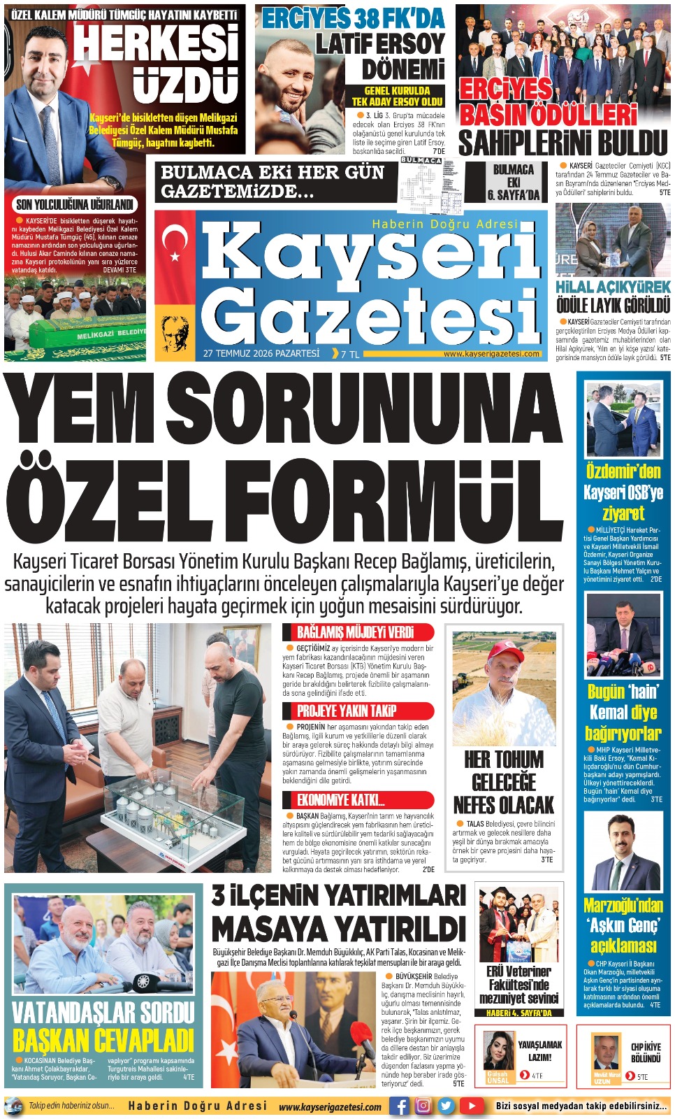 KAYSERİ GAZETESİ 27 TEMMUZ 2026 SAYFALARI