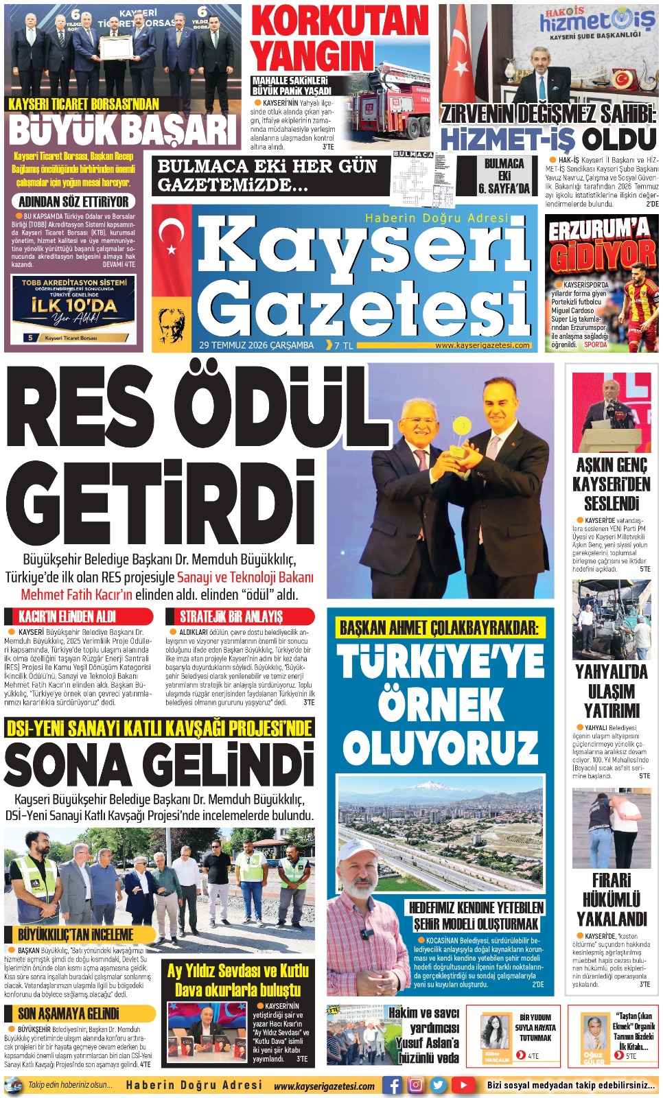 KAYSERİ GAZETESİ 29 TEMMUZ 2026 SAYFALARI