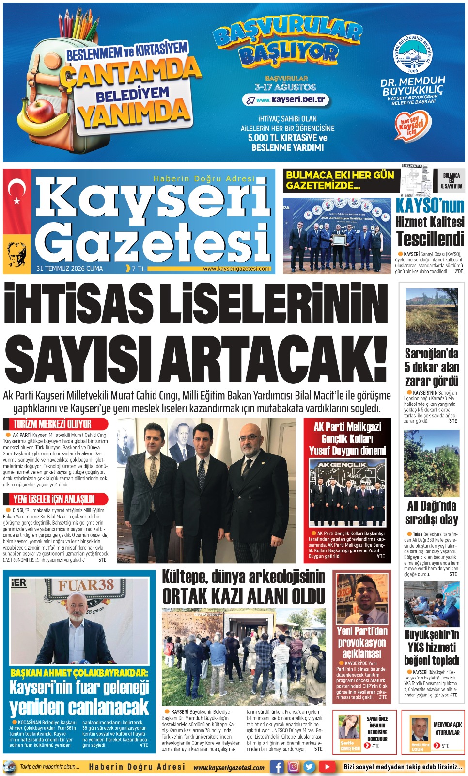 KAYSERİ GAZETESİ 31 TEMMUZ 2026 SAYFALARI