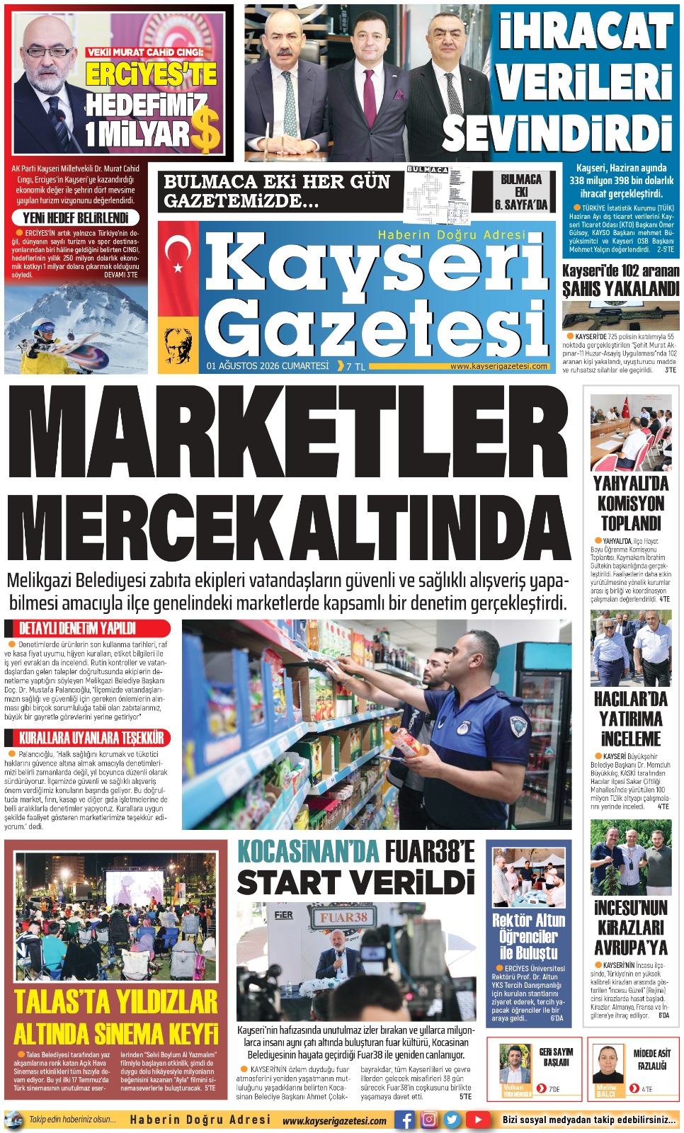 KAYSERİ GAZETESİ 01 AĞUSTOS 2026 SAYFALARI