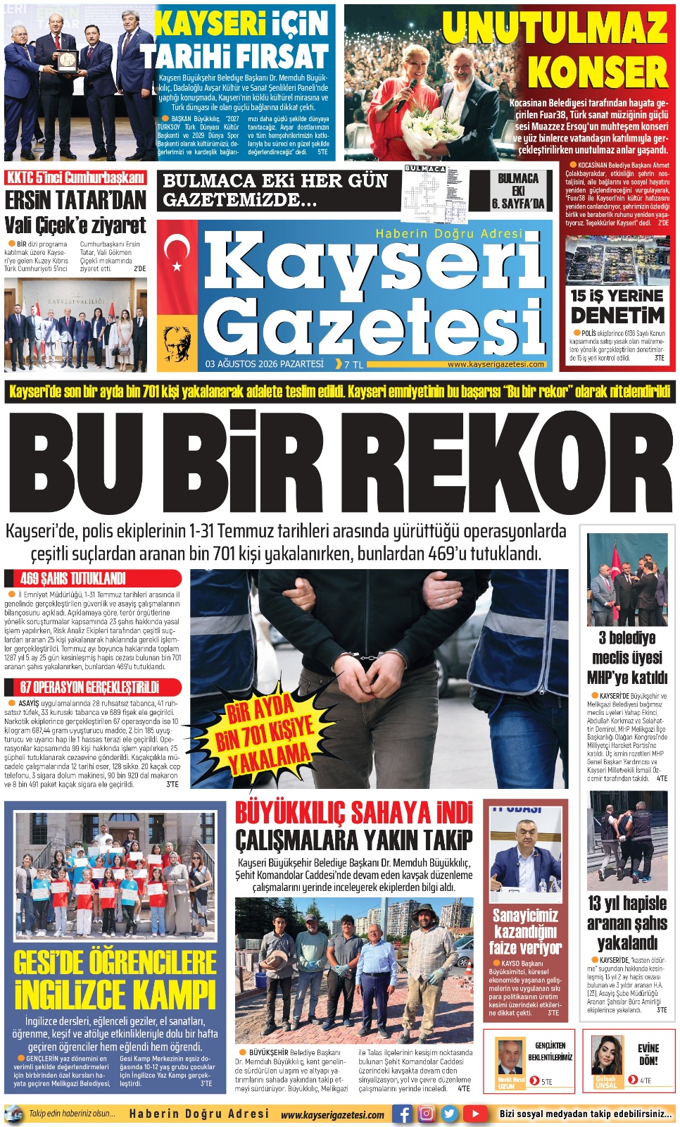 KAYSERİ GAZETESİ 03 AĞUSTOS 2026 SAYFALARI