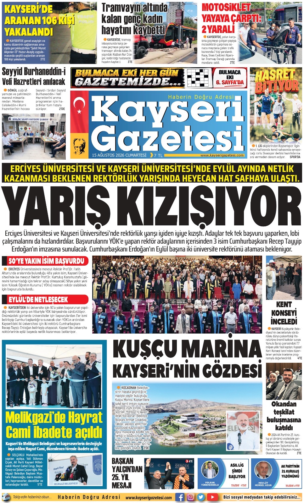 KAYSERİ GAZETESİ 15 AĞUSTOS 2026 SAYFALARI