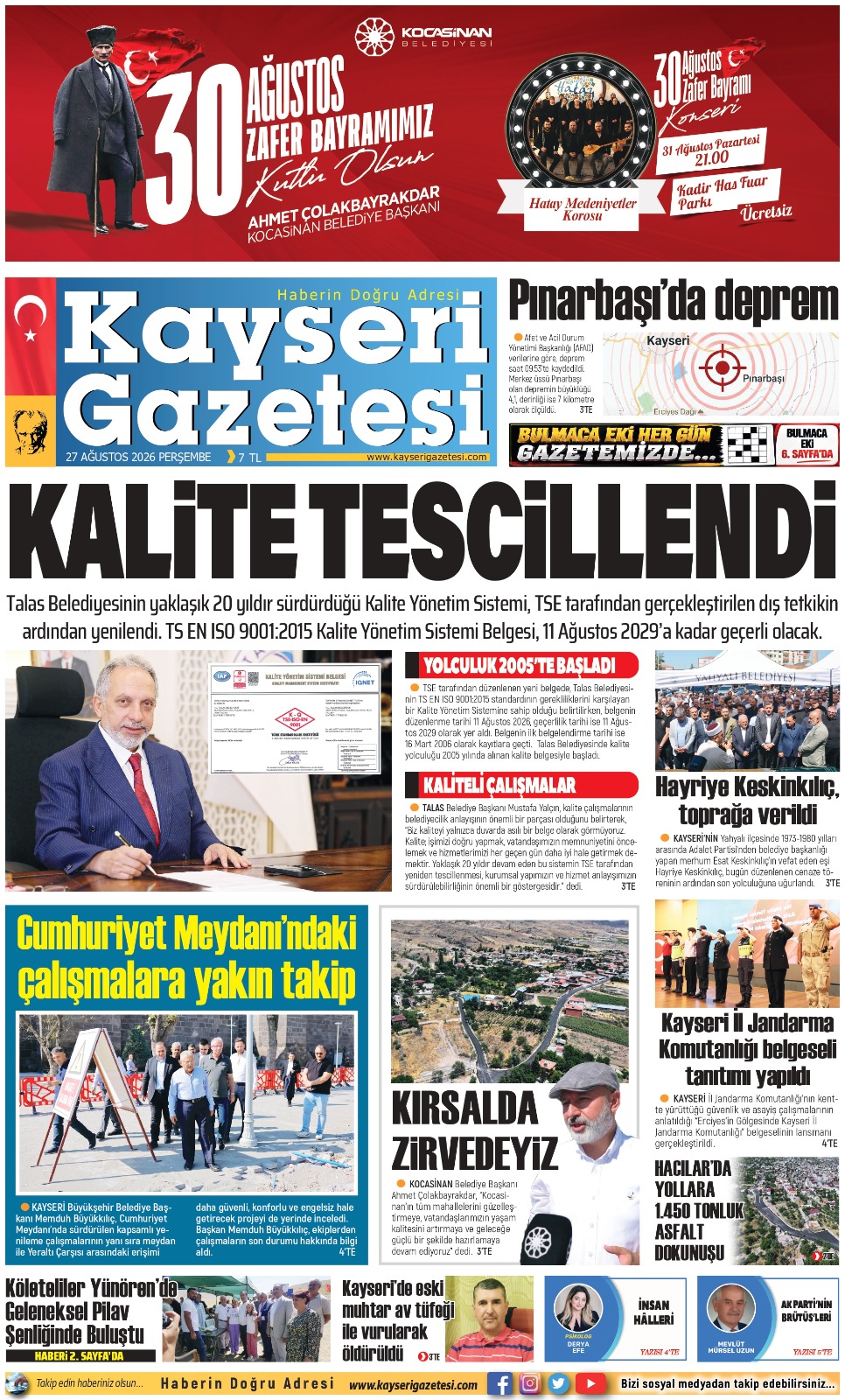 KAYSERİ GAZETESİ 27 AĞUSTOS 2026 SAYFALARI