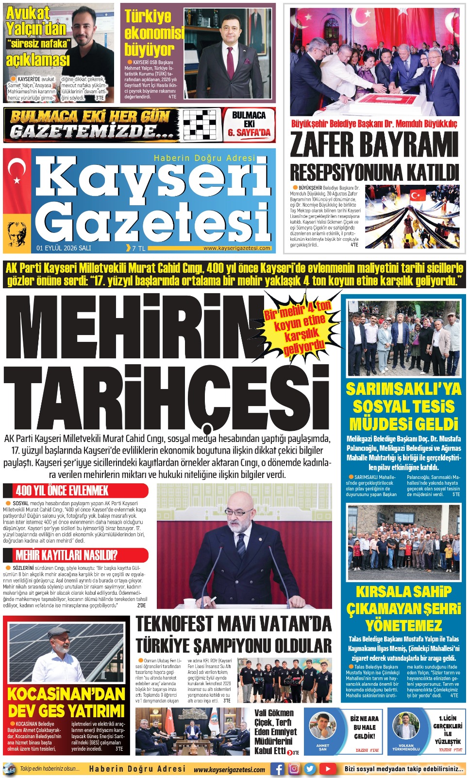 KAYSERİ GAZETESİ 01 EYLÜL 2026 SAYFALARI
