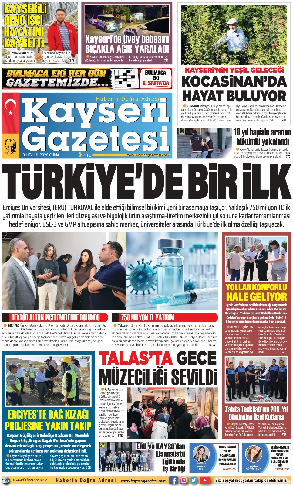 KAYSERİ GAZETESİ 04 EYLÜL 2026 SAYFALARI