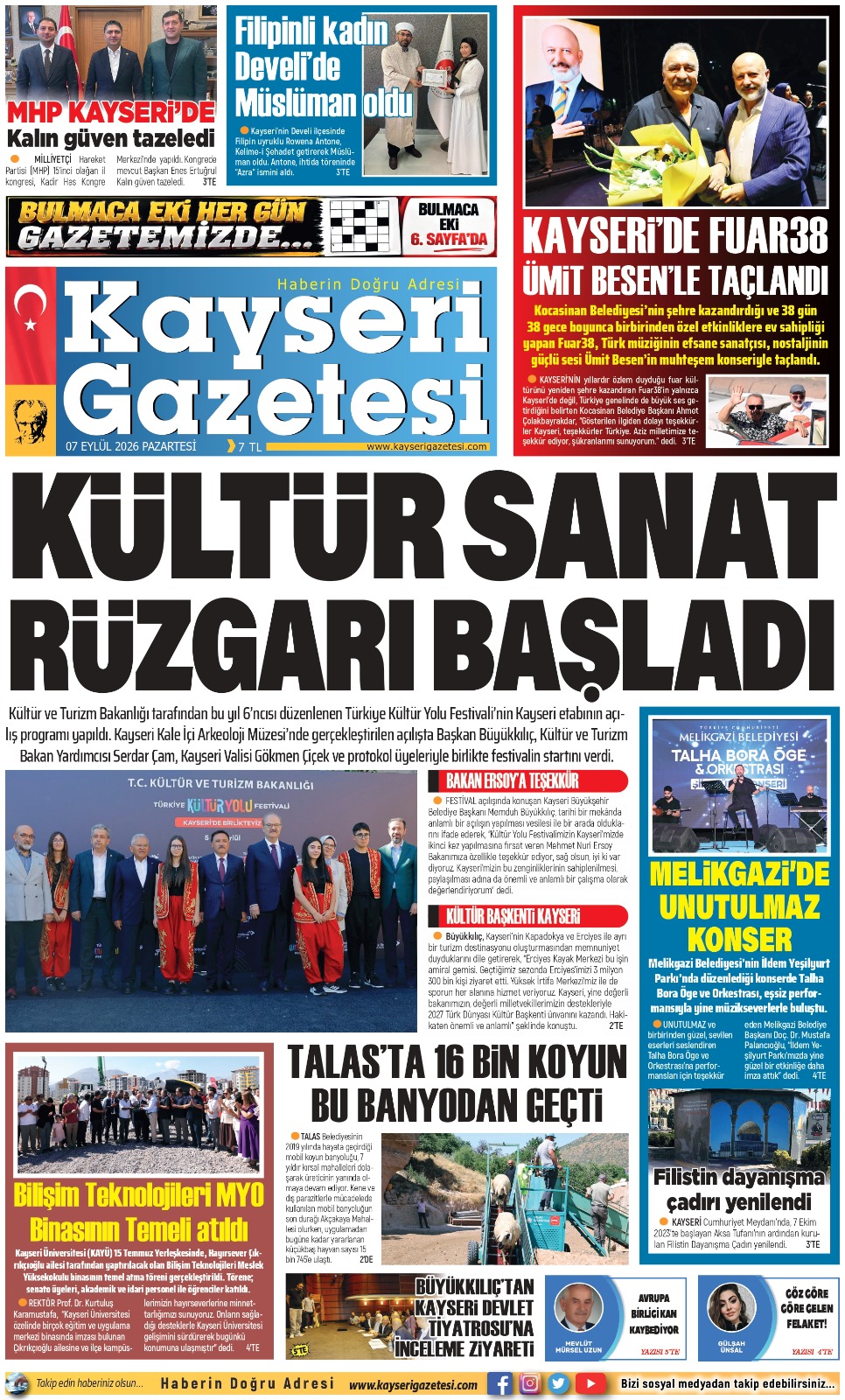 KAYSERİ GAZETESİ 07 EYLÜL 2026 SAYFALARI