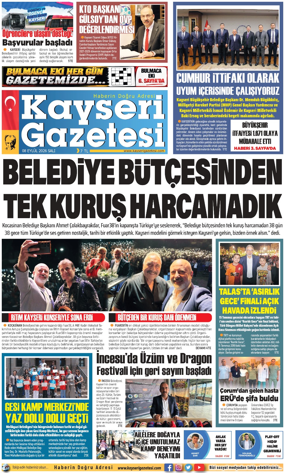 KAYSERİ GAZETESİ 08 EYLÜL 2026 SAYFALARI