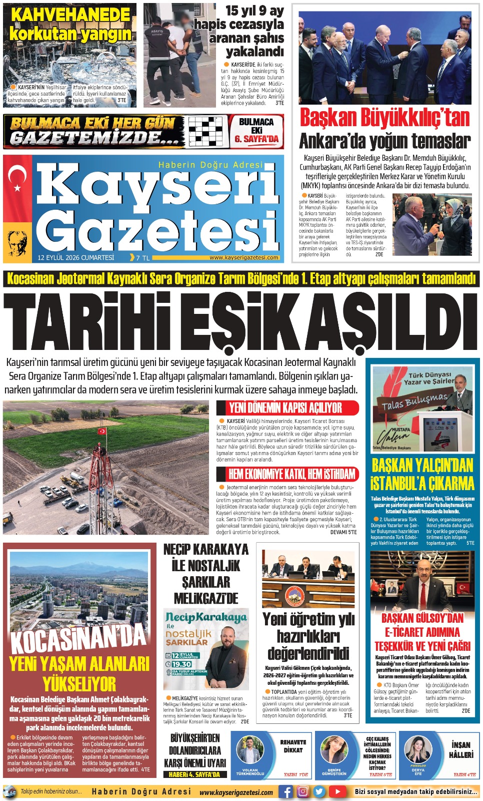 KAYSERİ GAZETESİ 12 EYLÜL 2026 SAYFALARI