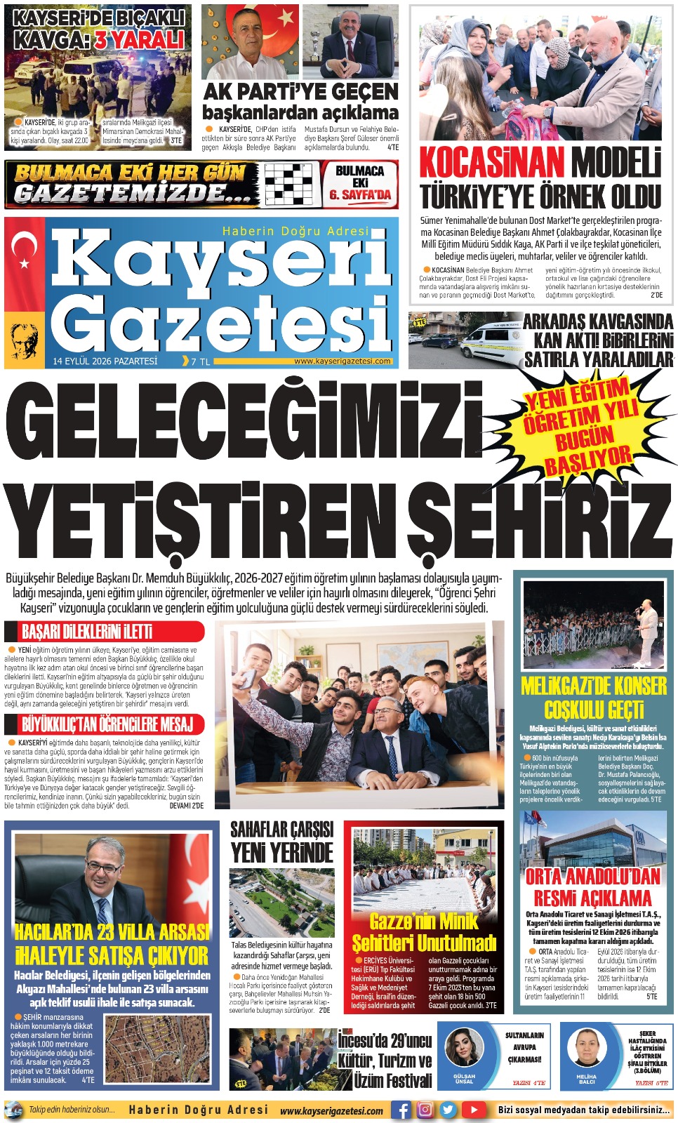 KAYSERİ GAZETESİ 14 EYLÜL 2026 SAYFALARI
