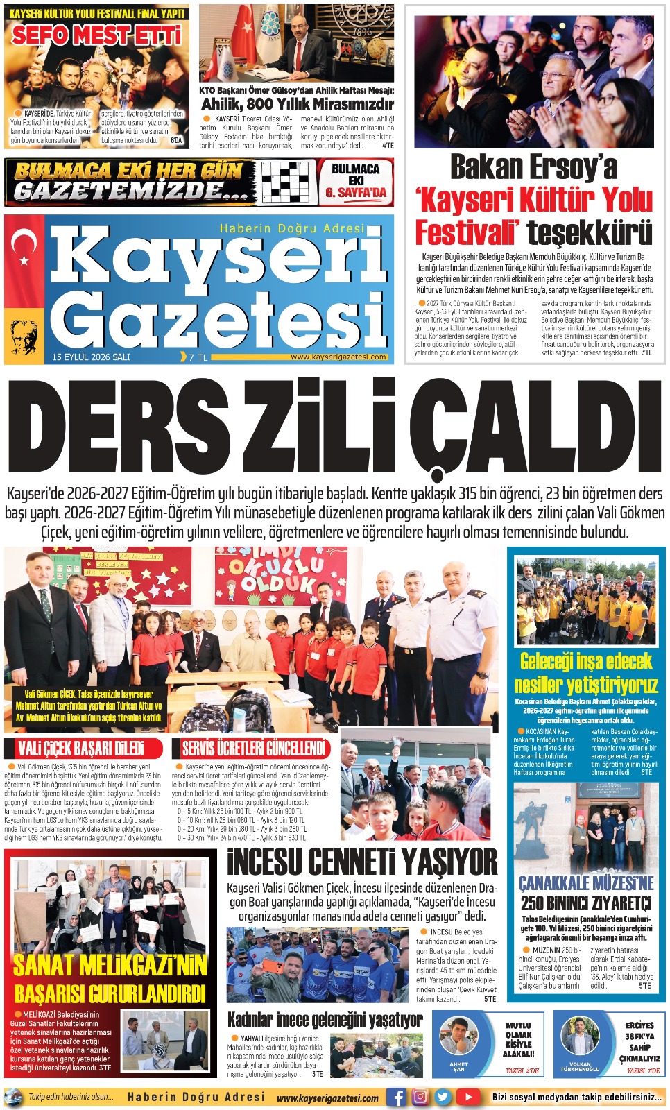 KAYSERİ GAZETESİ 15 EYLÜL 2026 SAYFALARI
