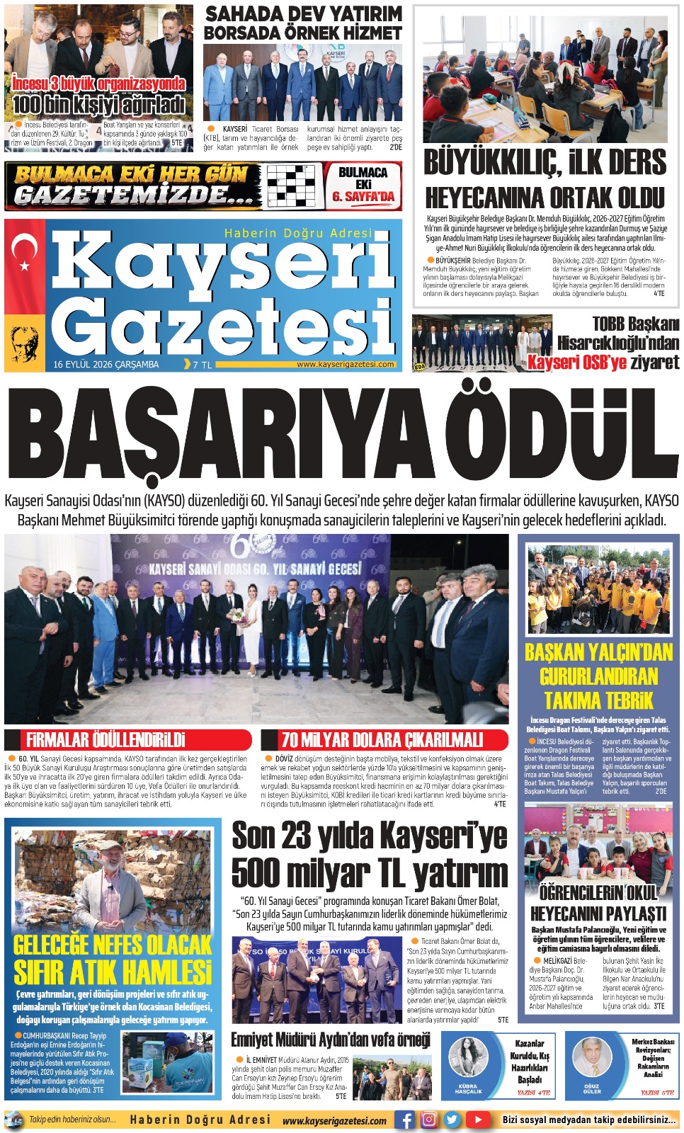 KAYSERİ GAZETESİ 16 EYLÜL 2026 SAYFALARI