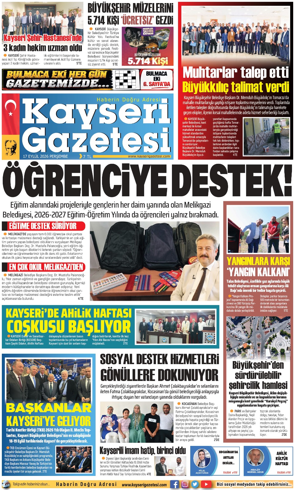 KAYSERİ GAZETESİ 17 EYLÜL 2026 SAYFALARI