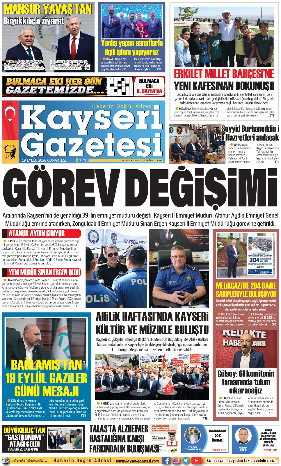 KAYSERİ GAZETESİ 19 EYLÜL 2026 SAYFALARI