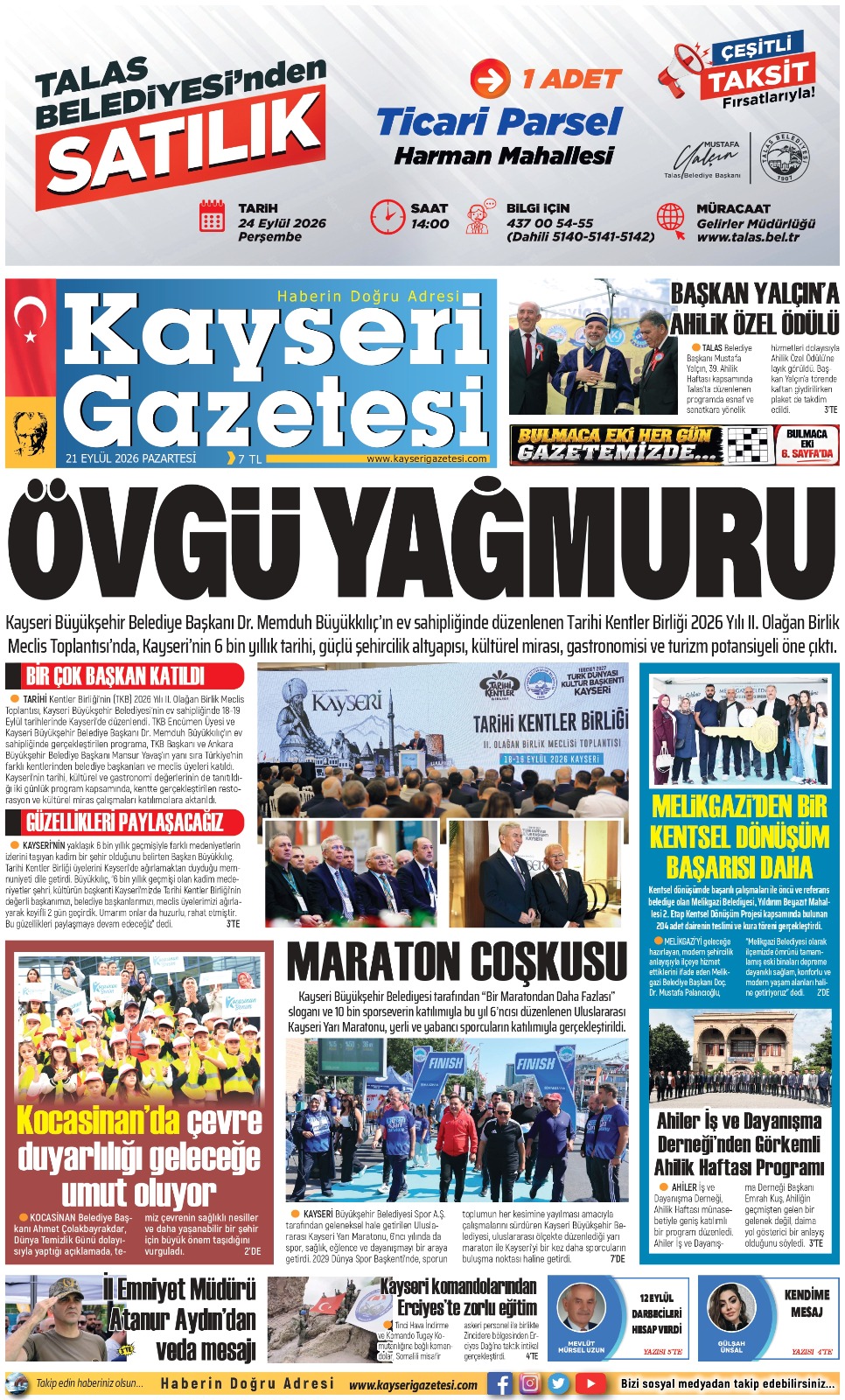 KAYSERİ GAZETESİ 21 EYLÜL 2026 SAYFALARI